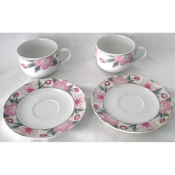 Arita Chintz Coffee Cups Saucers 2 New Traditions Pink Green Floral Japan China - Picture 1 of 5